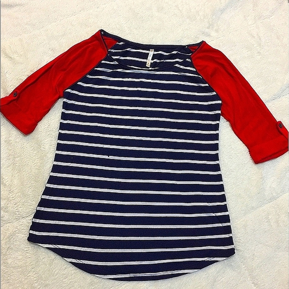 DNA Couture Striped Red White and Blue Top 3/4 Sleeve